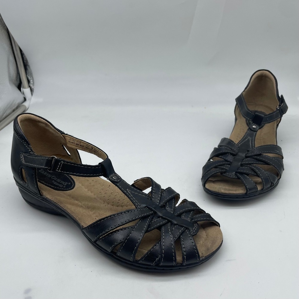 Earth Origins Tipper‎ Black Leather Strappy Wedge Sandals 8M 2017S Womens